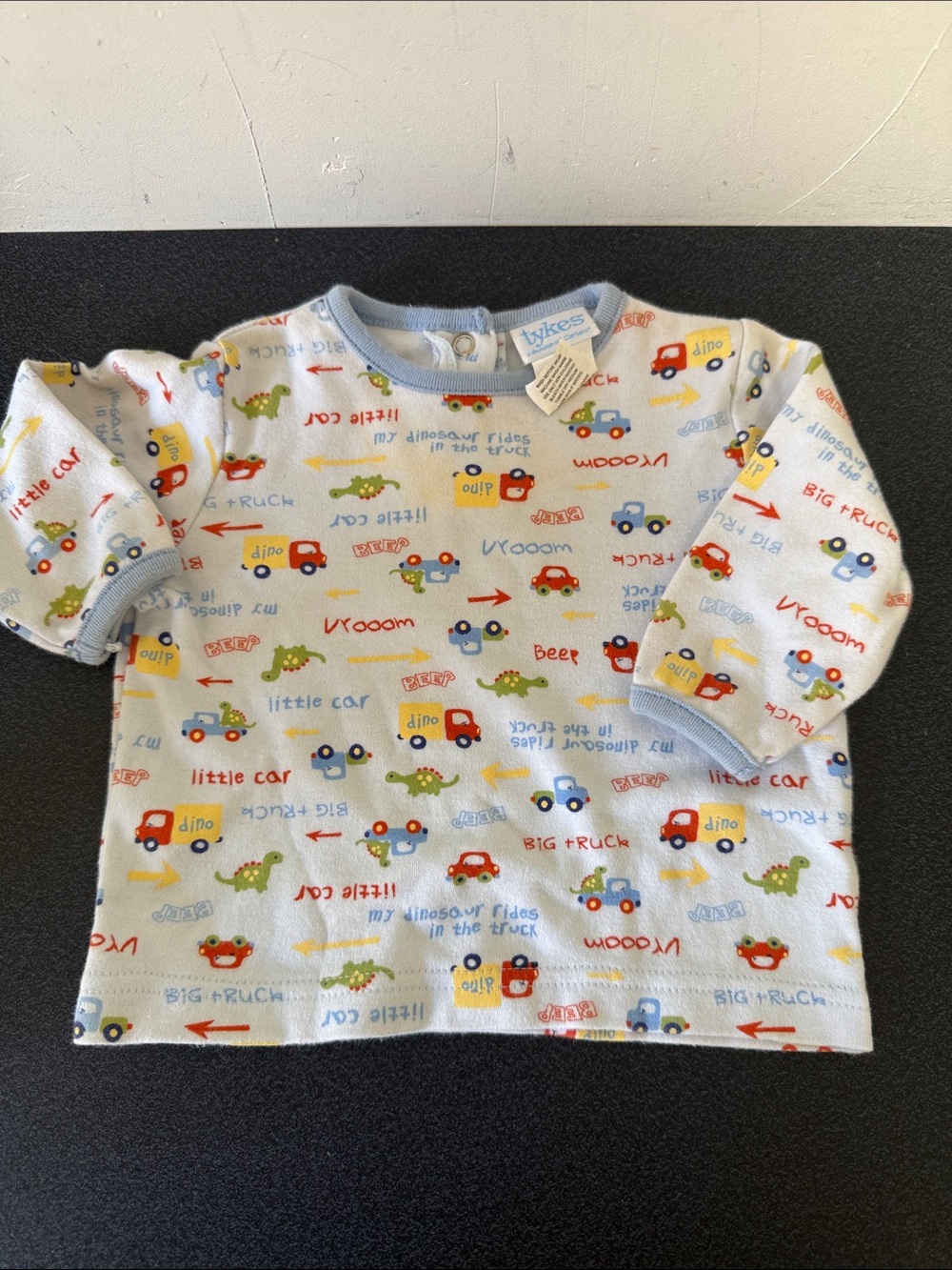 Baby Long Sleeve Tee with Cars & Dinosaurs - Light Blue Trim 90’s